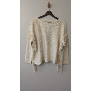 Lauren Ralph Lauren Womens Sweater Sz PM / PL Cream Fringe Boho Western NWT $165